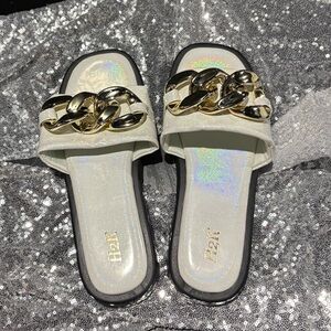 White Slide Sandals with Gold Chain